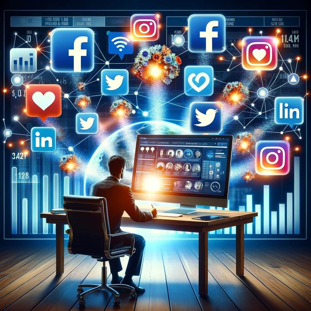 Empresario analizando estrategia de redes sociales con íconos de Facebook, Instagram, Twitter, LinkedIn, y YouTube en pantalla, simbolizando crecimiento empresarial y retroalimentación positiva
