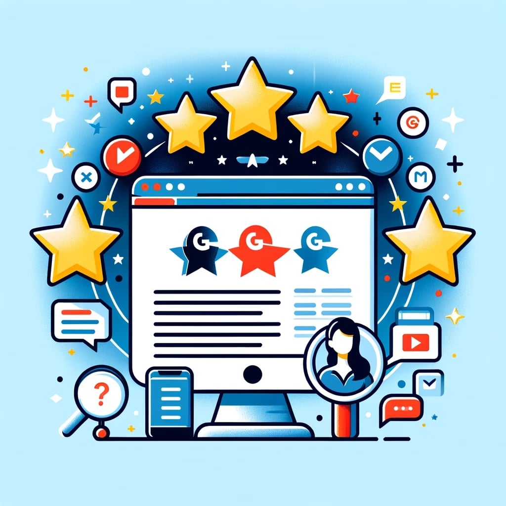 Imagen de portada mostrando una pantalla de computadora con reseñas de Google, estrellas de valoración y un empresario interactuando con el feedback. Representa el análisis y gestión proactiva de la reputación online de un negocio