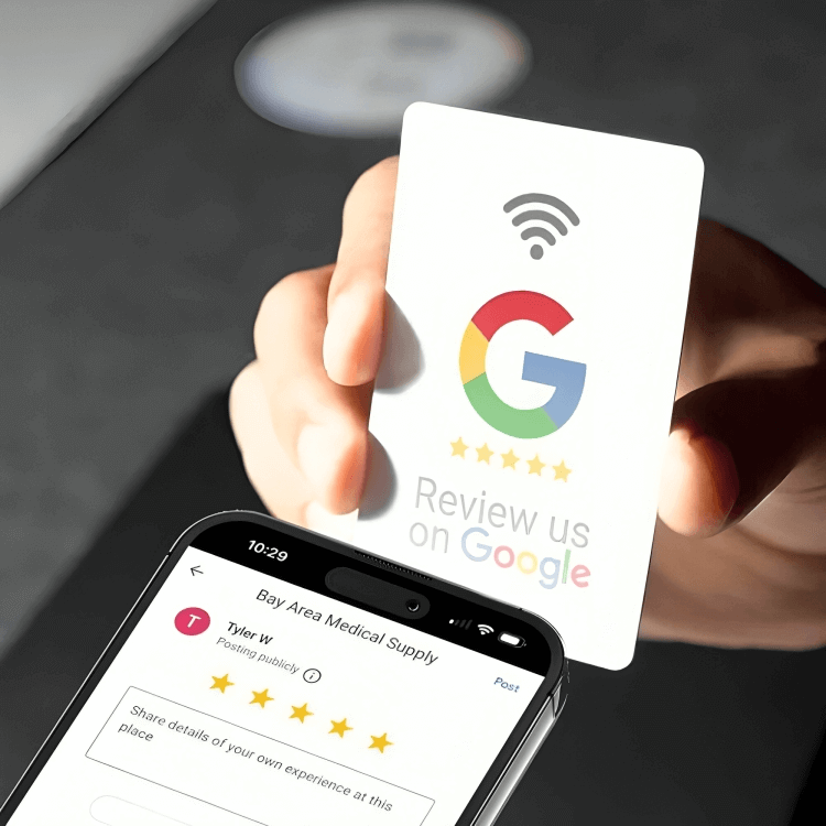Hand holding Google NFC review card with 5-star rating displayed on smartphone screen Rating Leader